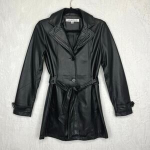 Kenneth Cole New York Faux Leather Belted Mid Length Trench Coat Button Down XS